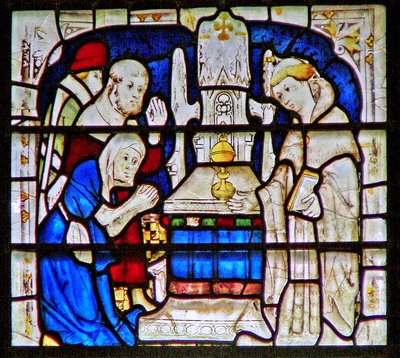 Raam met een melaatse vrouw die bidt bij het heiligdom van St. William Wellcome, York Minster door English School